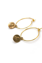 Load image into Gallery viewer, Bronze Mini French Religious Charm Hoop Earrings -French Medal Collection- E6-006
