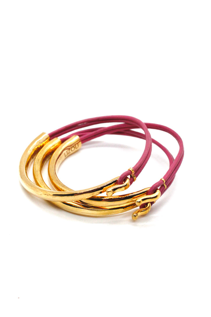 Bubble Gum Leather + 24K Gold Plate Bangle Bracelet