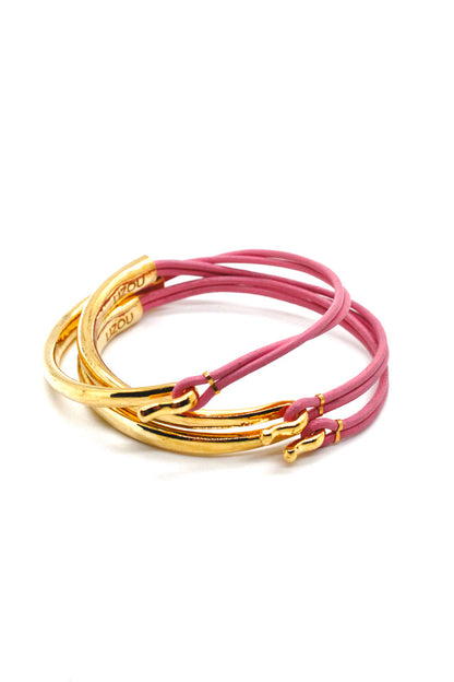 Pink Leather + 24K Gold Plate Bangle Bracelet