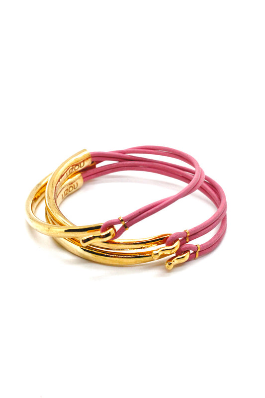 Pink Leather + 24K Gold Plate Bangle Bracelet