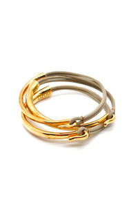 Beige Leather + 24K Gold Plate Bangle Bracelet