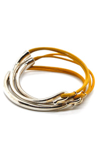 Yellow Leather + Sterling Silver Plate Bangle Bracelet