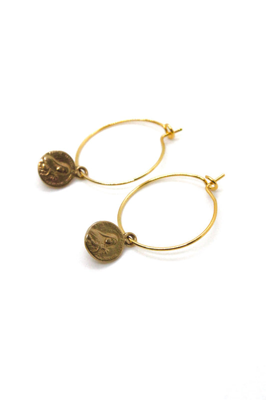Bronze Mini French Religious Charm Hoop Earrings -French Medal Collection- E6-006
