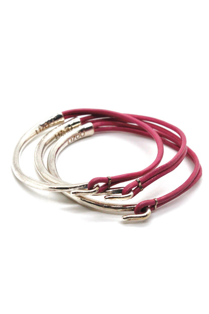 Pink Leather + Sterling Silver Plate Bangle Bracelet