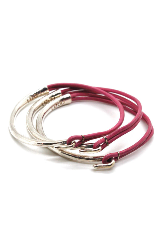 Pink Leather + Sterling Silver Plate Bangle Bracelet