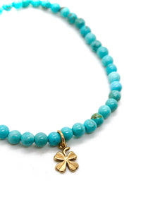 Mini Turquoise Delicate Bracelet with Gold Lucky Shamrock -French Medals Collection- B6-017
