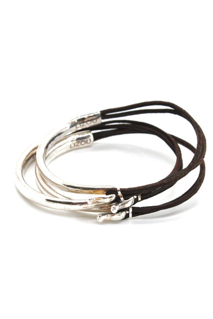 Natural Dark Brown Leather + Sterling Silver Plate Bangle Bracelet
