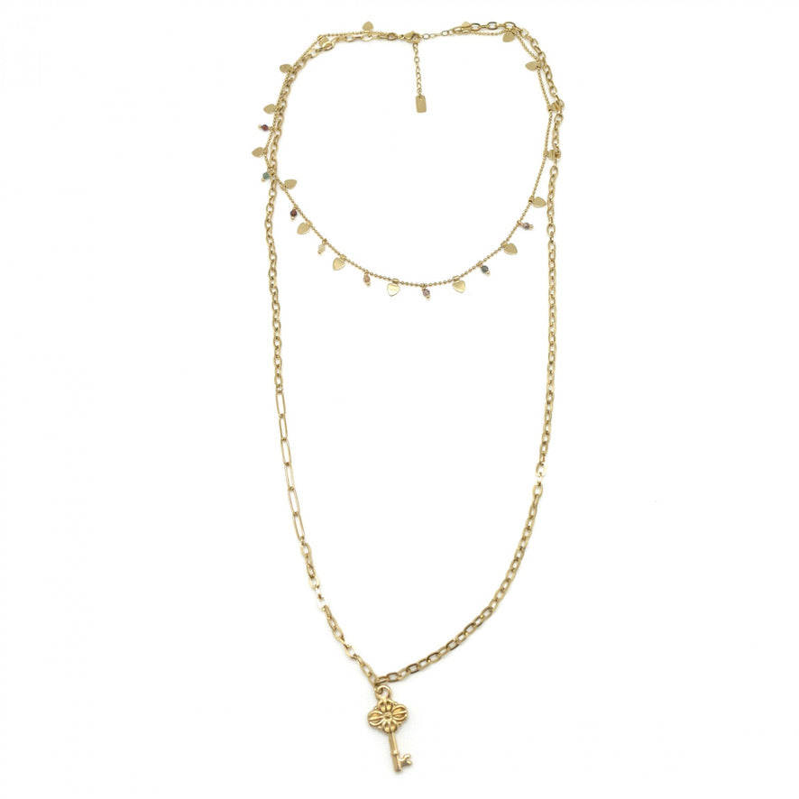 Two Strand Stone and Key 24K Gold Plate Necklace -French Flair Collection- N2-2220