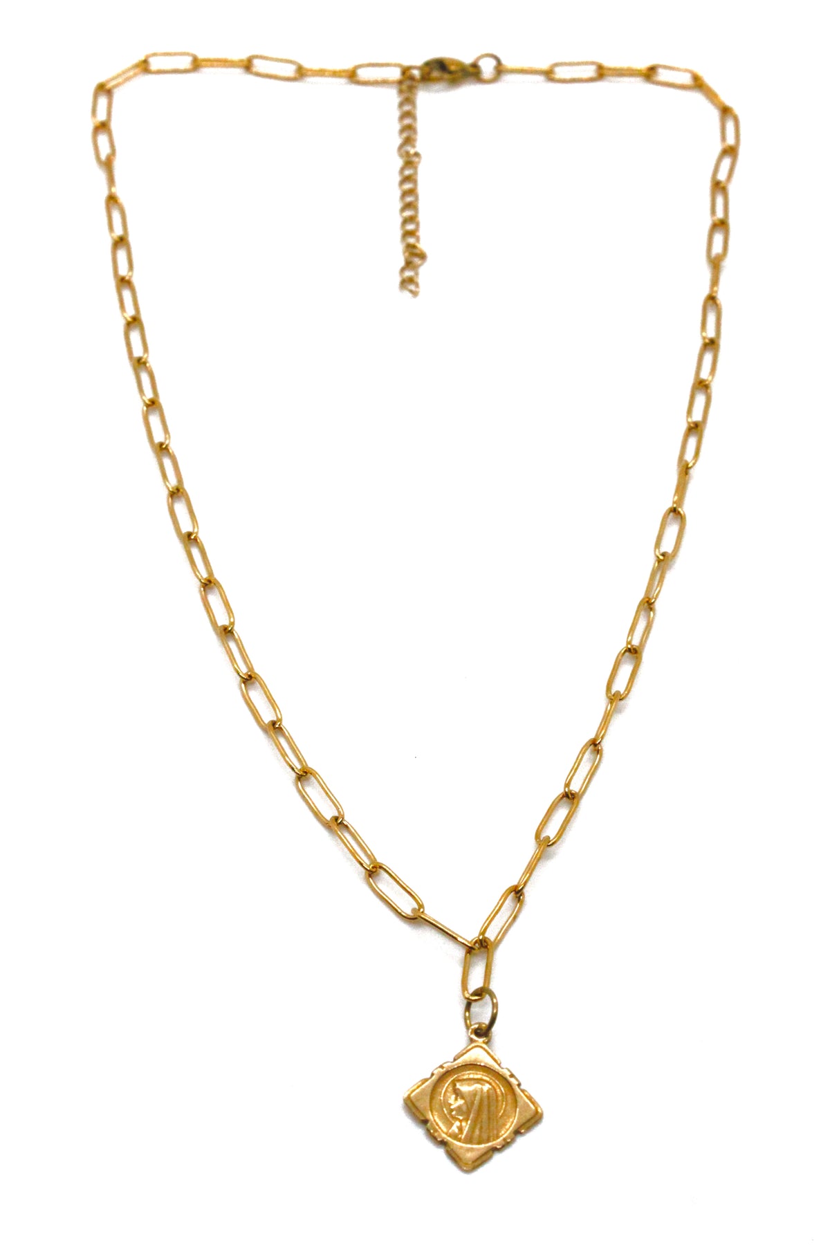 French Religious Gold Medal Charm on Short Gold Chain Necklace -French Medals Collection- N6-015