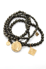 Load image into Gallery viewer, Pyrite Stone Bracelet With Gold French Religious Charm  -French Medals Collection- B6-006
