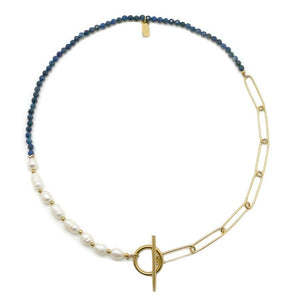 Lapis Stone, Freshwater Pearl and Chain Short Necklace or Bracelet -French Flair Collection- N2-2207