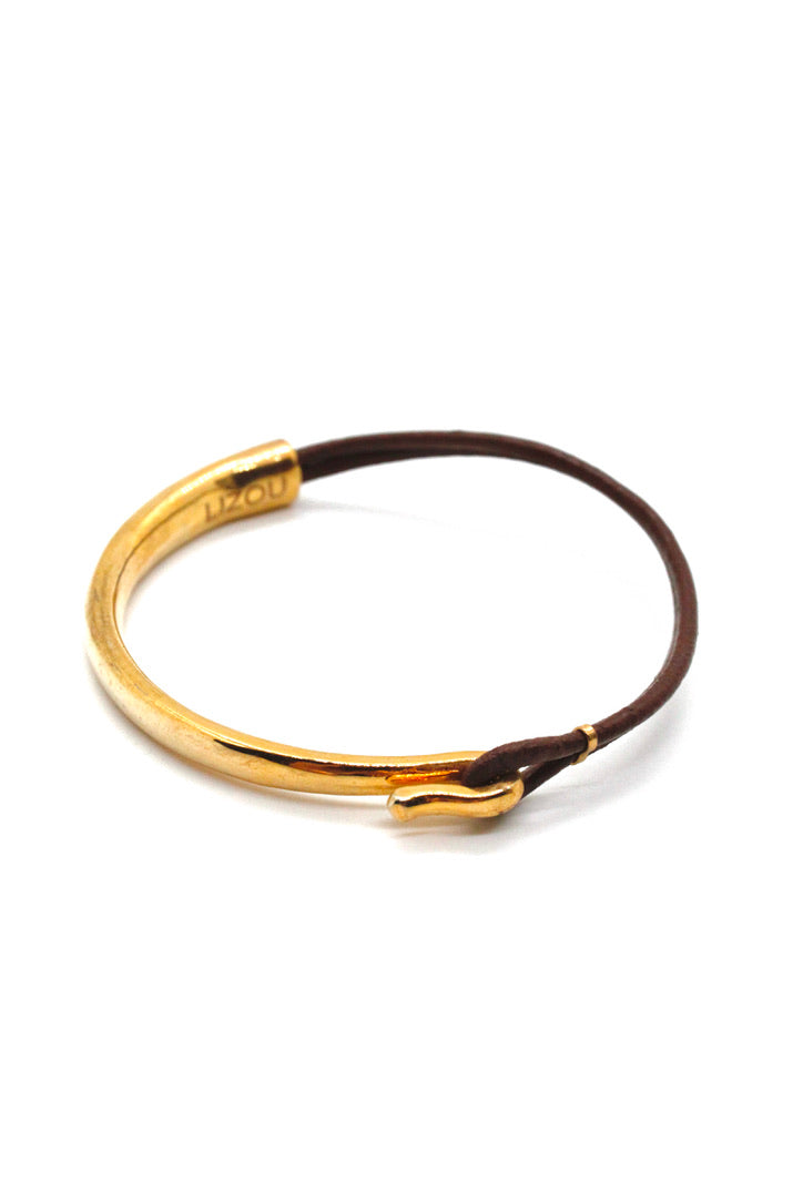 Brown Leather + 24K Gold Plate Bangle Bracelet
