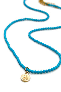 Short Faceted Turquoise Necklace or Wrap Bracelet with Tiny Gold French Religious Medal -French Medals Collection- N6-012