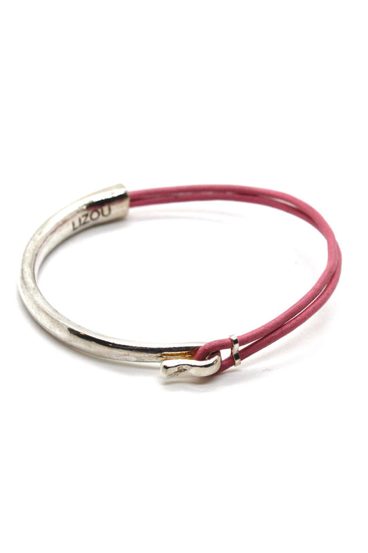 Bubble Gum Leather + Sterling Silver Plate Bangle Bracelet