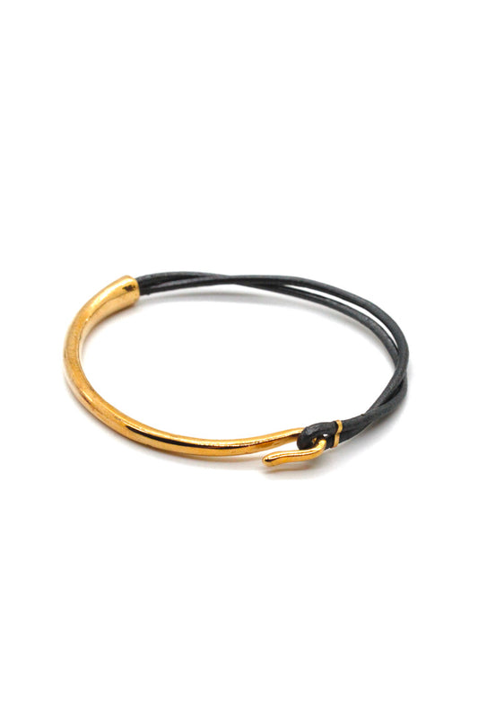 Dark Grey Leather + 24K Gold Plate Bangle Bracelet