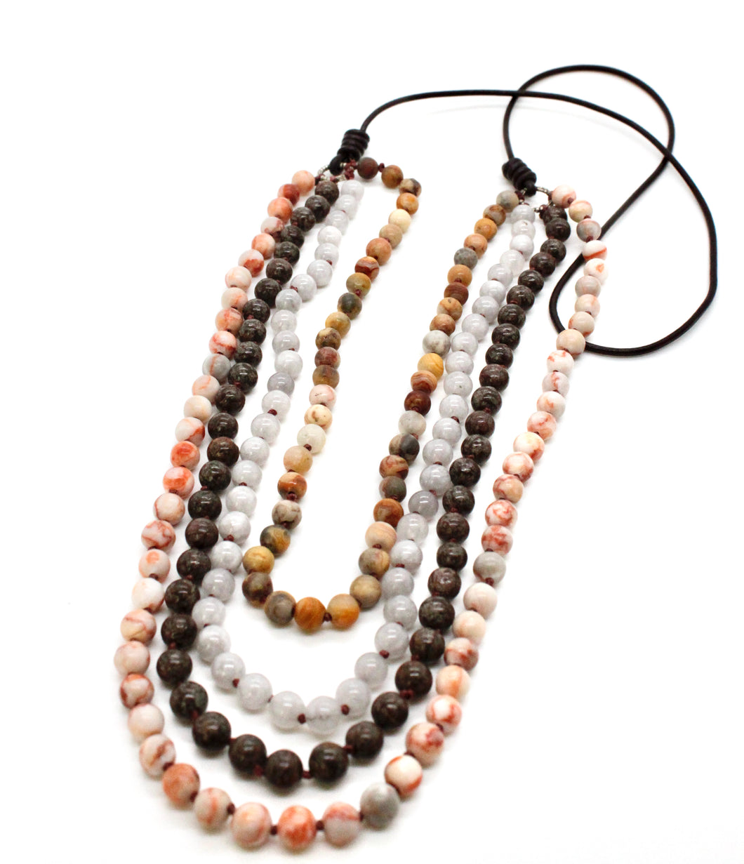 Large Semi Precious Stone Hand Knotted Long Necklace on Genuine Leather -Layers Collection- NLL-M32