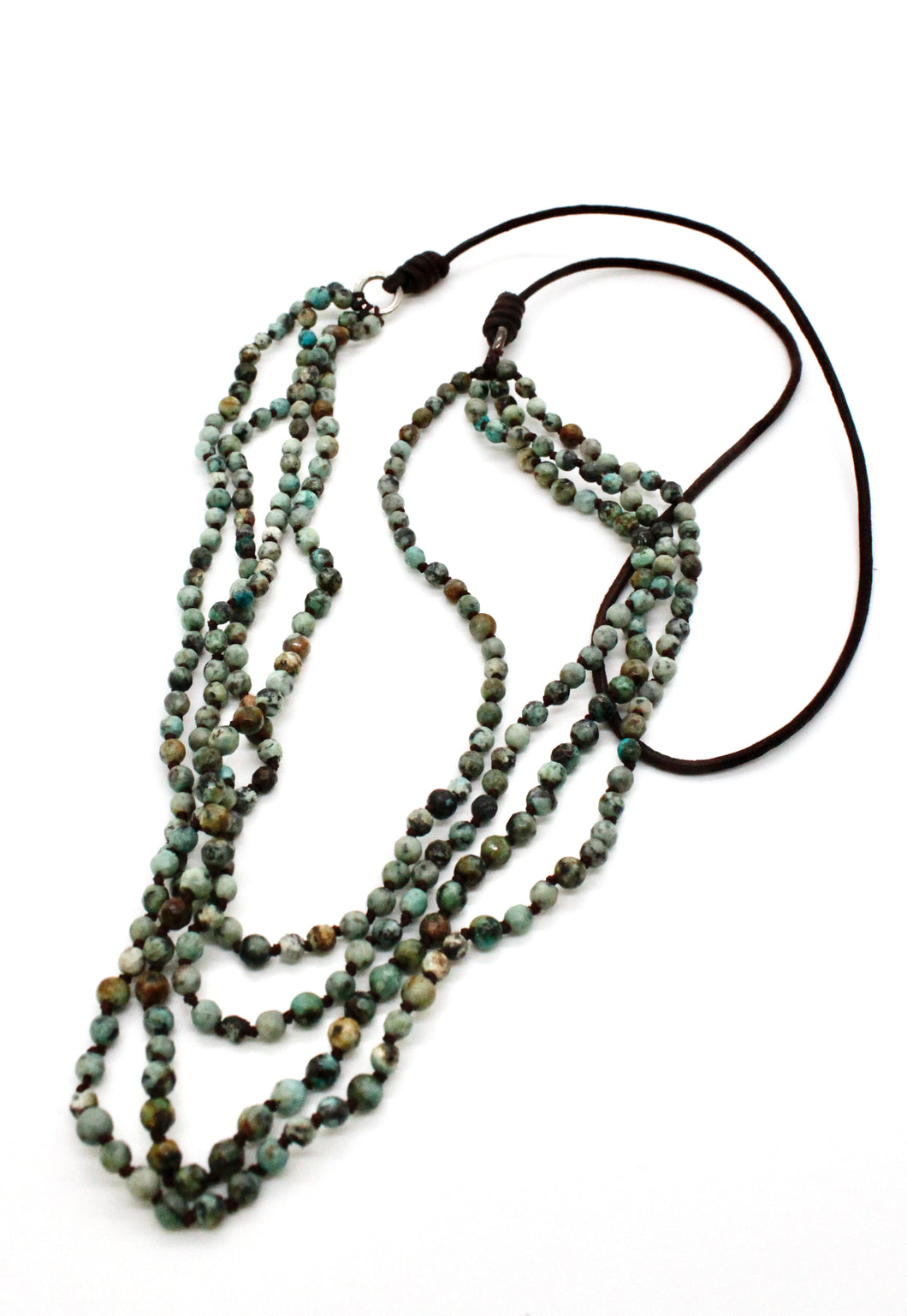 Mini African Turquoise Hand Knotted Long Necklace on Genuine Leather -Layers Collection- NLL-073