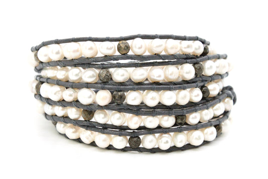 Lacey - Freshwater Pearl and Pyrite Leather Wrap Bracelet
