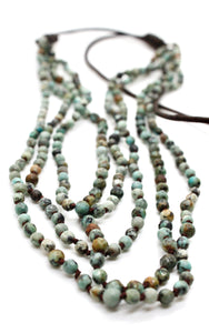 Mini African Turquoise Hand Knotted Long Necklace on Genuine Leather -Layers Collection- NLL-073