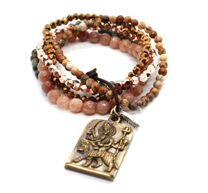 Semi Precious Stone and Metal Mix Luxury Bracelet with Brass Durga Deity Pendant -The Buddha Collection- BL-Dirt-GL