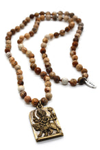 Load image into Gallery viewer, Long Jasper Hand Knotted Necklace with Brass Durga Pendant -The Buddha Collection- NL-JP-GL
