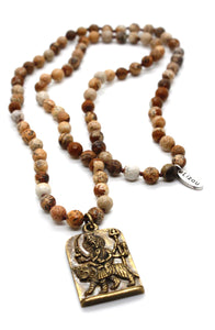 Long Jasper Hand Knotted Necklace with Brass Durga Pendant -The Buddha Collection- NL-JP-GL