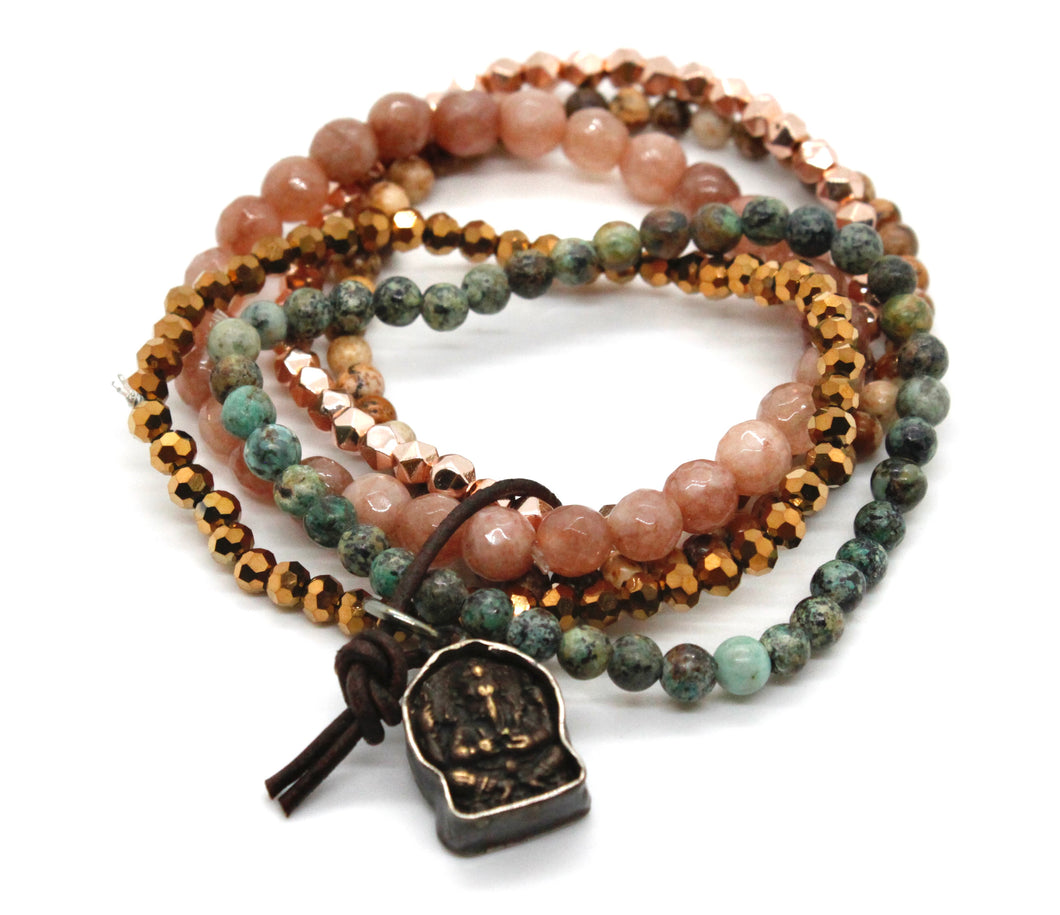 Semi Precious Stone and Metal Mix Luxury Bracelet with Small Ganesh Charm -The Buddha Collection- BL-Dirt-3G1