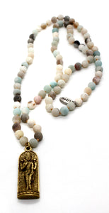Long Amazonite Hand Knotted Necklace with Brass Buddha Charm -The Buddha Collection- NL-AZ-GC