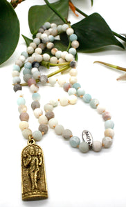 Long Amazonite Hand Knotted Necklace with Brass Buddha Charm -The Buddha Collection- NL-AZ-GC