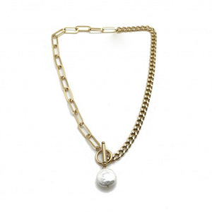 Half and Half 24K Gold Plate Chain Necklace with Freshwater Pearl -French Flair Collection- N2-2019
