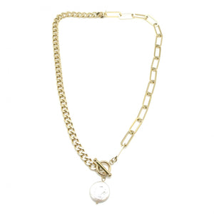 Half and Half 24K Gold Plate Chain Necklace with Freshwater Pearl -French Flair Collection- N2-2019