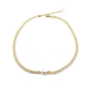 Gold Leaf Collar Necklace with White Pearl -French Flair Collection- N2-2027