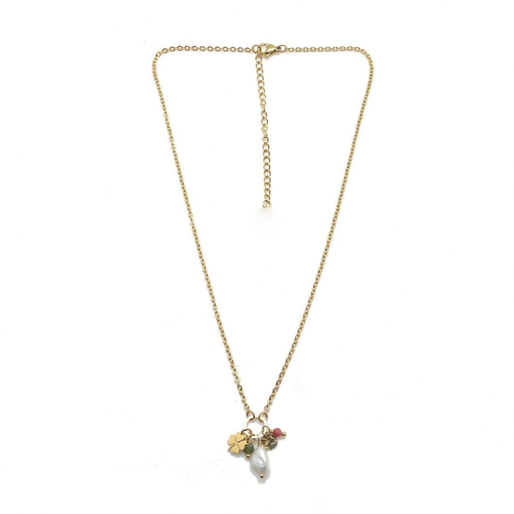 Lucky Shamrock Stone and Pearl Pendant Necklace -French Flair Collection- N2-2052