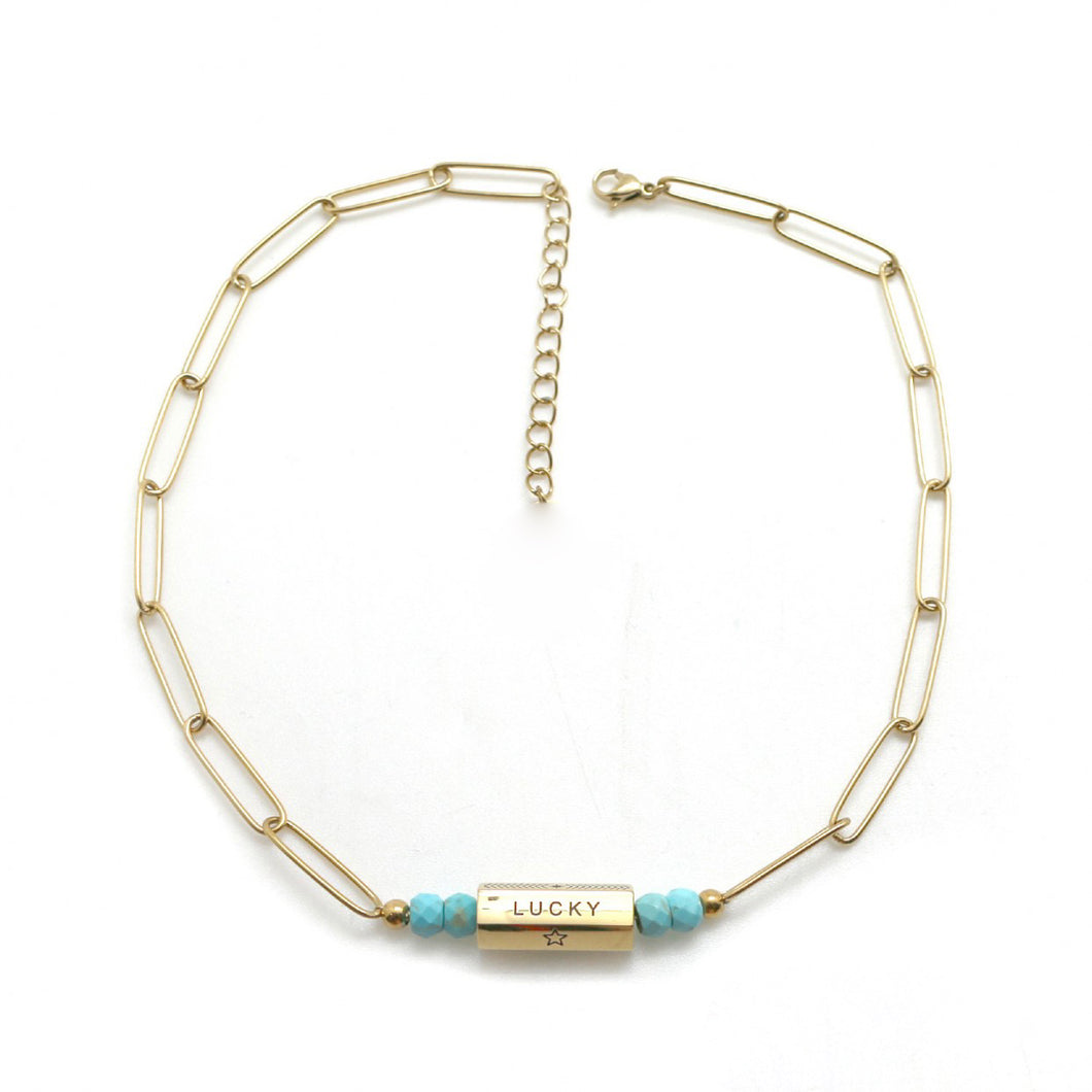 Turquoise Bead Lucky Necklace 24K Gold Plate Chain -French Flair Collection- N2-2066
