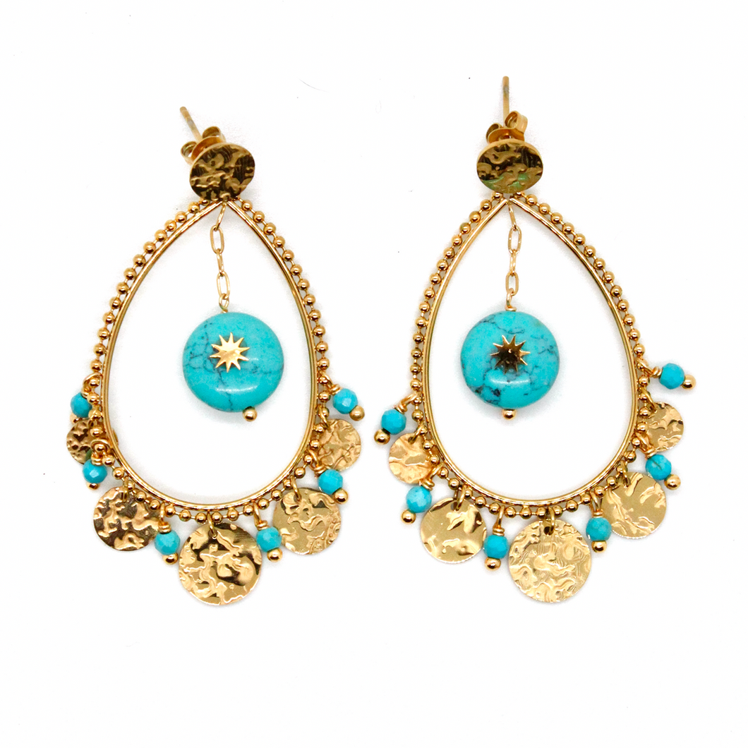 Gold Charm Dangle Earrings with Turquoise Stone -French Flair Collection- E4-009