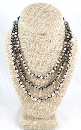 Semi Precious Stone and Silver Bead Mix Hand Knotted Long Necklace on Genuine Leather -Layers Collection- N5-022