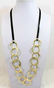 Gold Chain Link and Leather Long Necklace -The Classics Collection- N2-946